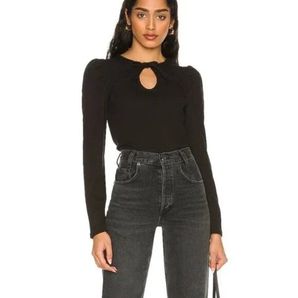 NEW 1. STATE Tie Neck Ribbed Top in Rich Black Long Sleeve Shirt Large L - Picture 1 of 6